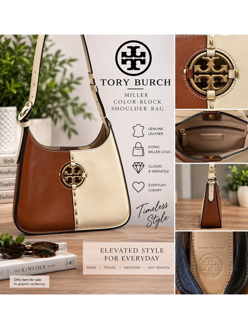 Tory Burch Miller Color-Block Shoulder Bag Brown Cream Leather 85167